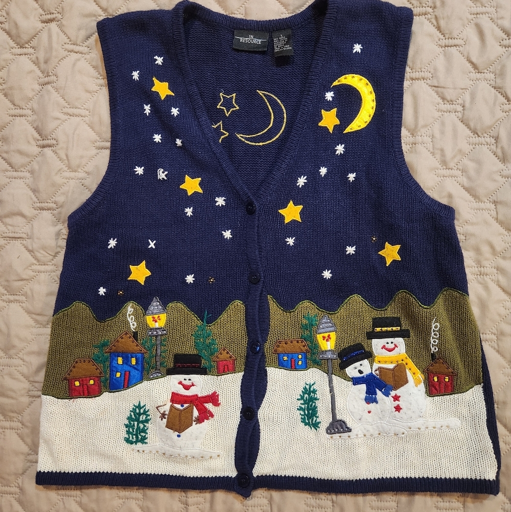 Vintage 90s Ugly Christmas Vest Snowman Sun Moon Sweater Vest Size Large